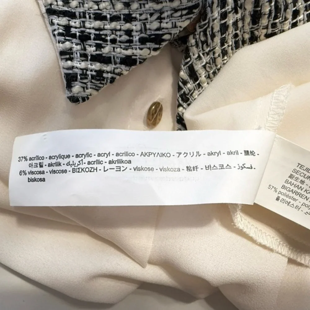 ZARA Cream Tweed Collar‎ Button Up Long Sleeve Blouse Women's L 88-21